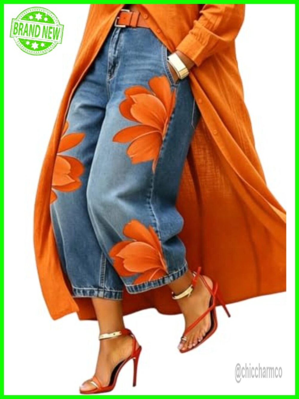 Women's Floral Barrel Capri Jeans Wide Leg Cropped High Rise Denim Pants